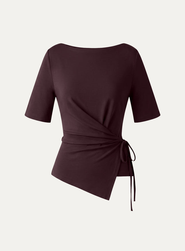 Slash Neck Short Sleeve Tie-Side Top