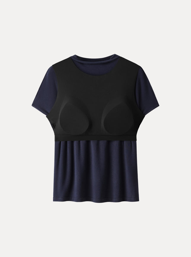 Mock Neck Short Sleeve Built-In Bra Top