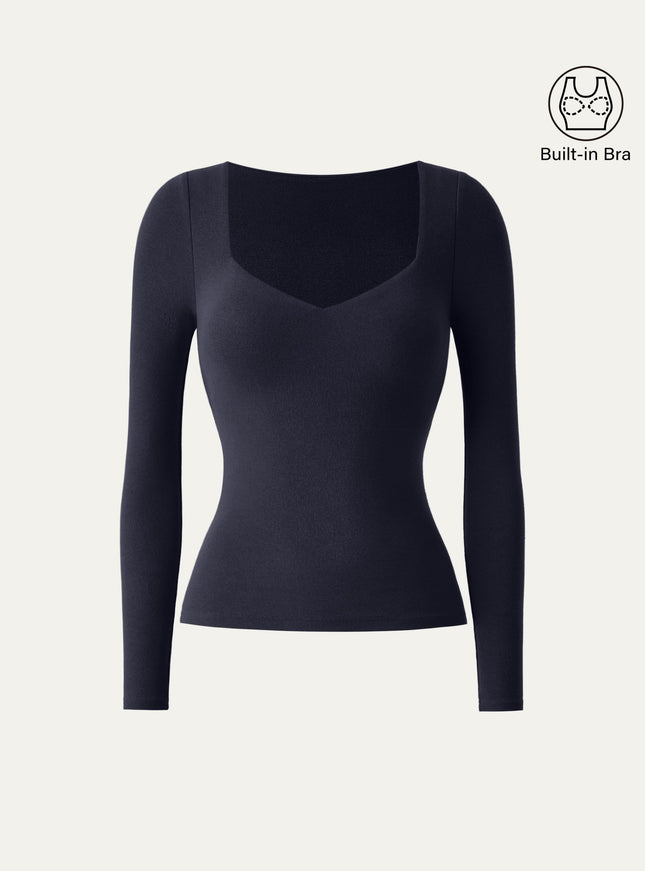 Diamond Neck Long Sleeve Built-In Bra Top