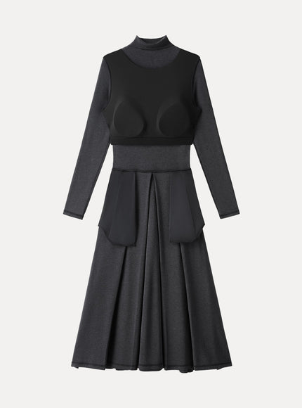 Mockneck Pleated Midi Built-In Bra Dress with Pockets