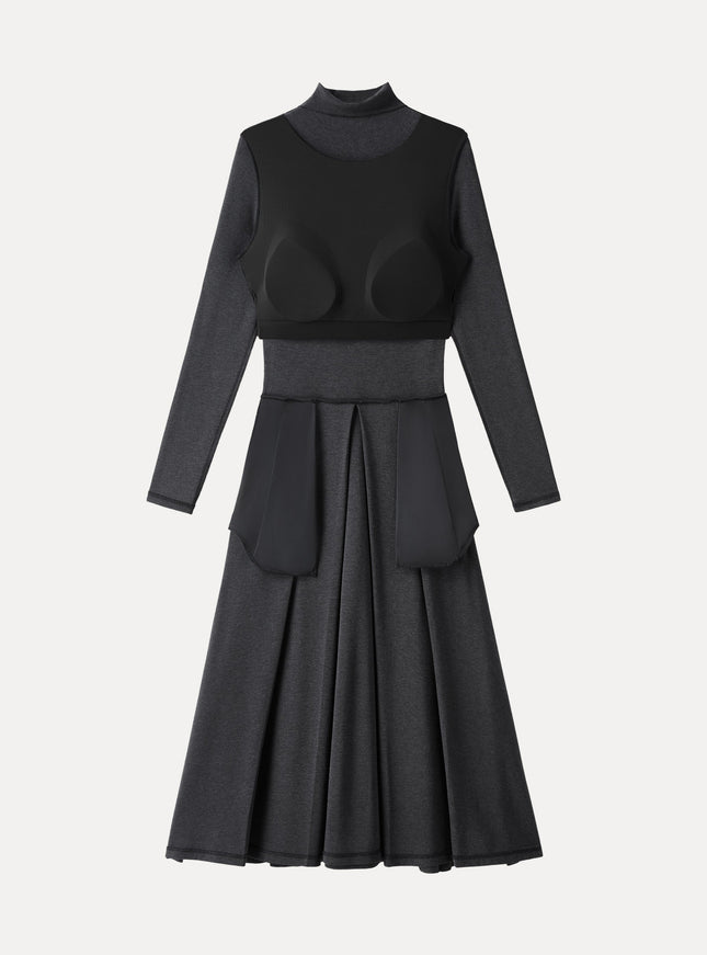 Mockneck Pleated Midi Built-In Bra Dress with Pockets