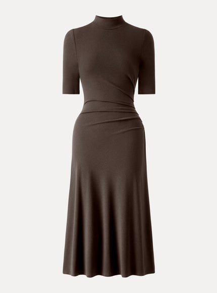 Cotton Blend Mock Neck Elbow Sleeve Tucked A-Line Midi Dress