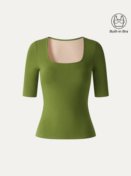 Square Neck Elbow Sleeve Built-In Bra Top
