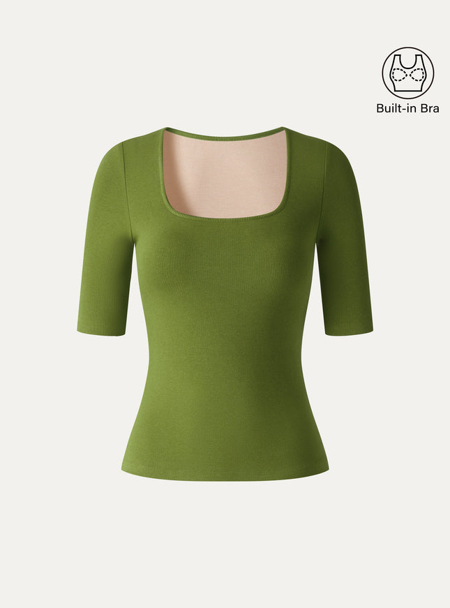 Square Neck Elbow Sleeve Built-In Bra Top