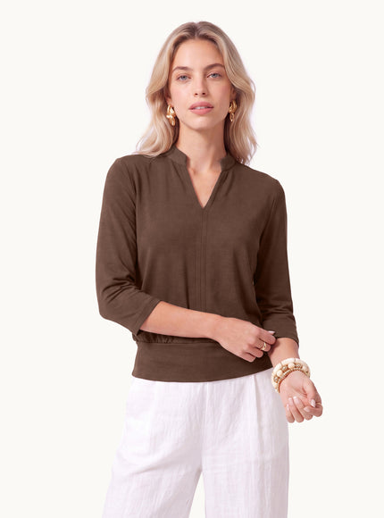 Lyocell Spacer Knit V-Neck Elbow Sleeve Banded Top
