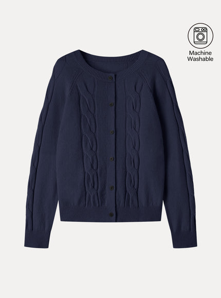 Merino-Blend Cable-Knit Crew Neck Long Sleeve Cardigan