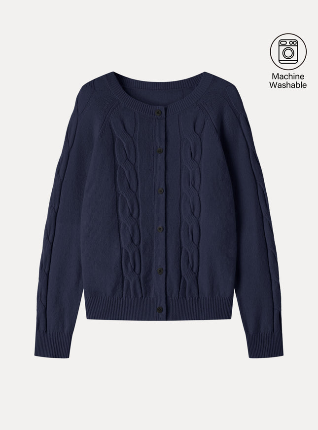 Merino-Blend Cable-Knit Crew Neck Long Sleeve Cardigan