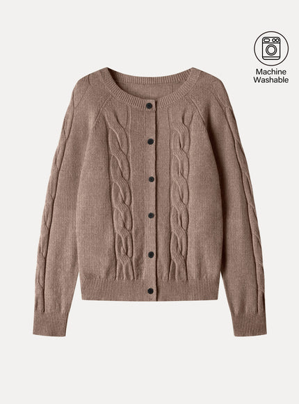 Merino-Blend Cable-Knit Crew Neck Long Sleeve Cardigan