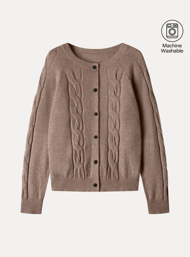 Merino-Blend Cable-Knit Crew Neck Long Sleeve Cardigan