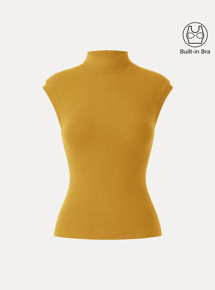 Stretch Cotton Mock Neck Cap Sleeve Built-In Bra Top