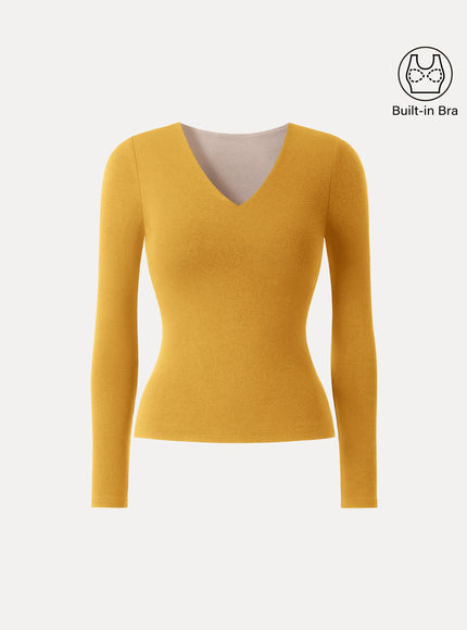 V-Neck Long Sleeve Built-In Bra Top