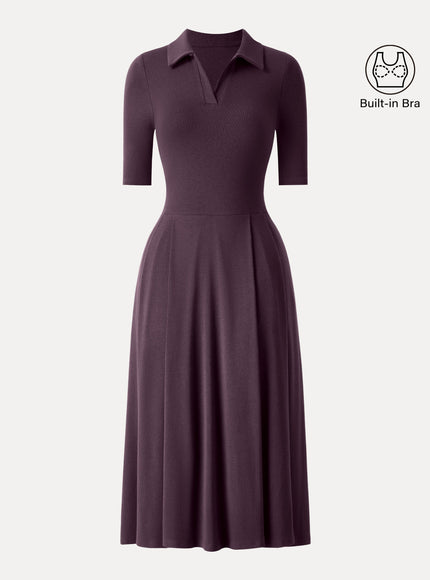 Polo Neck Elbow Length Sleeve Midi Built-In Bra Dress with Pockets