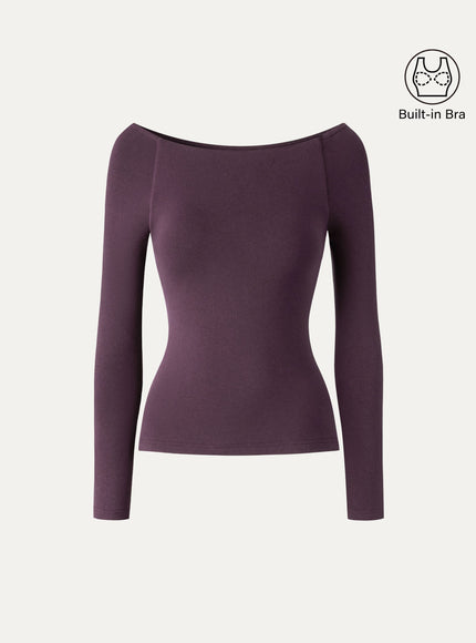 Slash Neck Raglan Sleeve Built-In Bra Top