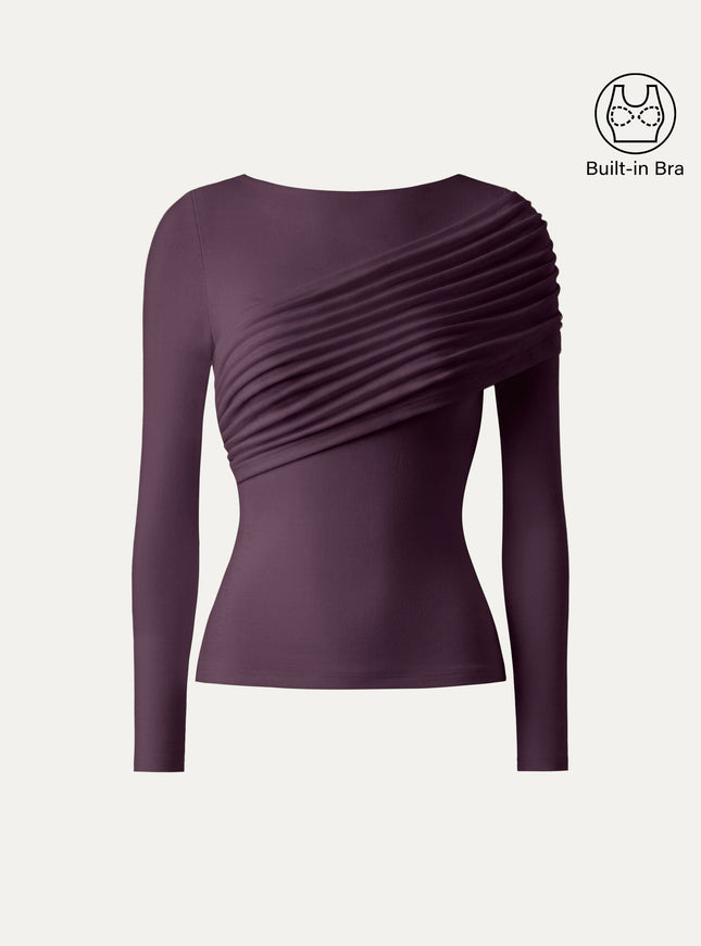 Boatneck Ruched Overlap Built-In Bra Top