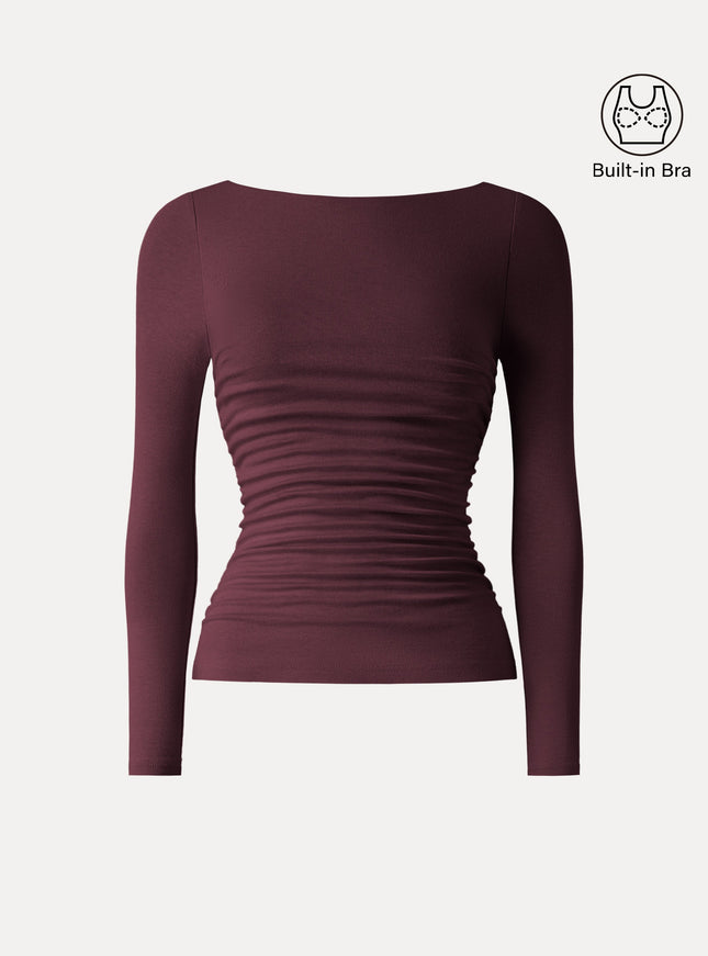 Boatneck Ruched Built-In Bra Top