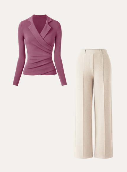 2Pcs Set Collared Surplice Top & High Waisted Straight Leg Pull On Pant