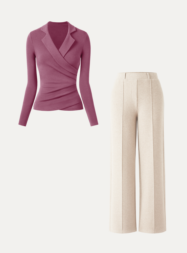 2Pcs Set Collared Surplice Top & High Waisted Straight Leg Pull On Pant