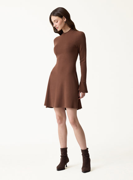 Mock Neck Flared Long Sleeve A-Line Mini Built-In Bra Dress