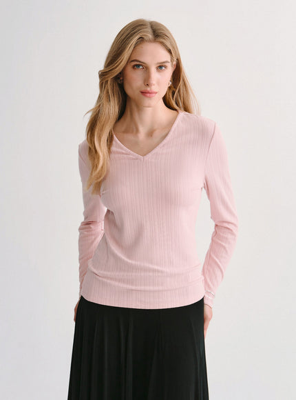 Cotton-Viscose V-Neck Long Sleeve Top