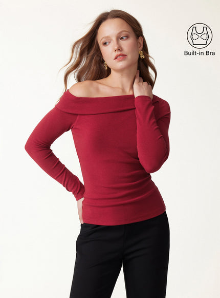 Asymmetrical Neck Long Sleeve Built-In Bra Top