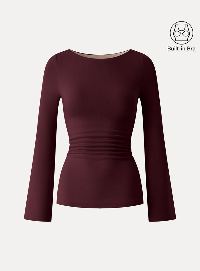 Round Neck Bell Sleeve Ruched Built-In Bra Top