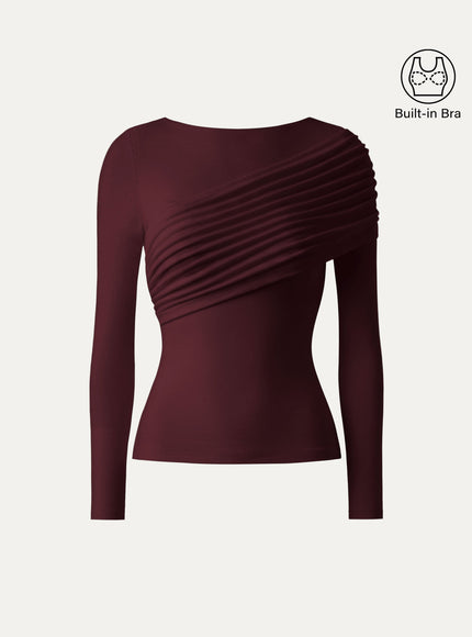 Boatneck Ruched Overlap Built-In Bra Top