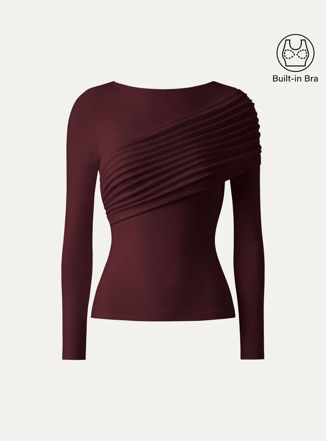 Boatneck Ruched Overlap Built-In Bra Top