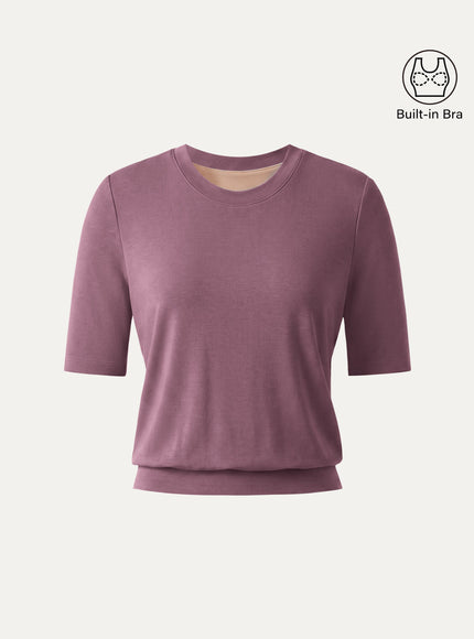 Lyocell Wool Crewneck Built-In Bra Top with Banded Hem