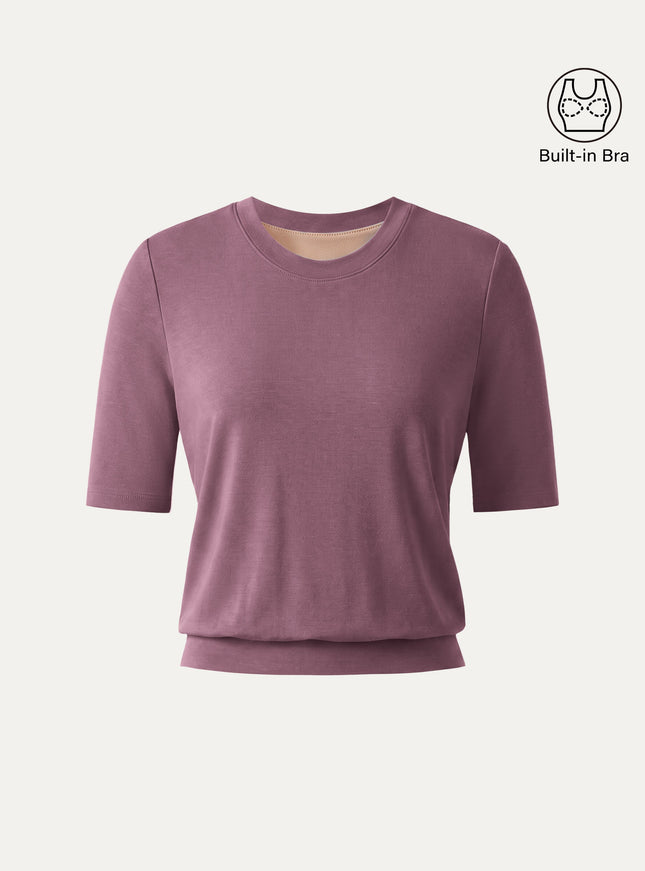 Lyocell Wool Crewneck Built-In Bra Top with Banded Hem