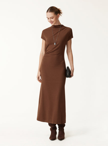 Mock Neck Cap Sleeve Ruched Midi Dress