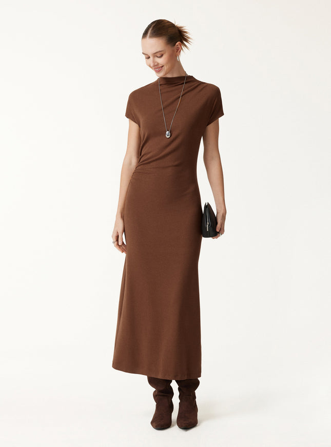 Mock Neck Cap Sleeve Ruched Midi Dress