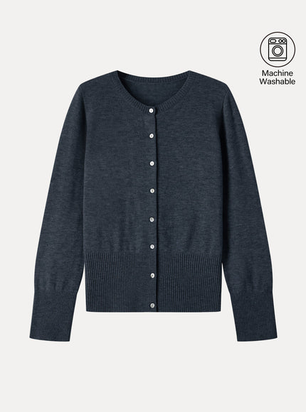 100% Merino Wool Crew Neck Long Sleeve Button-Front Cardigan