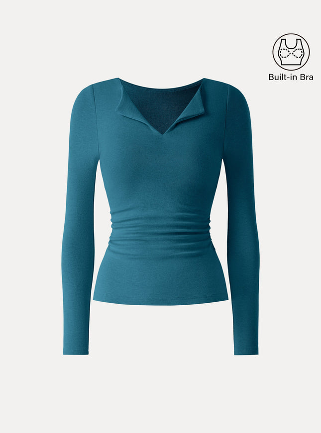 Flapped V-Neck Long Sleeve Ruched Built-In Bra Top