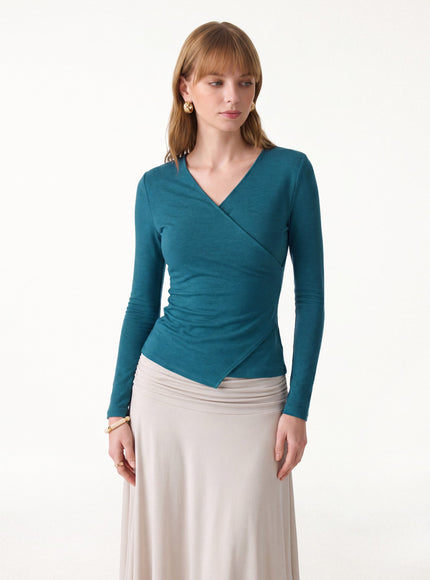 Surplice Long Sleeve Asymmetrical Hem Top