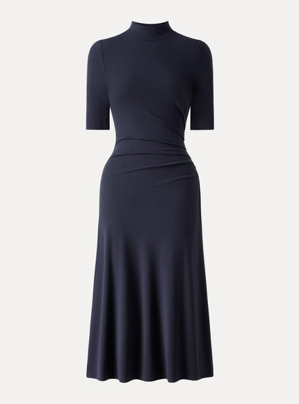 Cotton Blend Mock Neck Elbow Sleeve Tucked A-Line Midi Dress