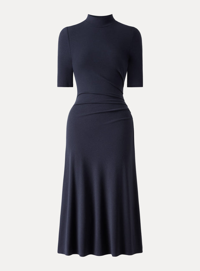 Cotton Blend Mock Neck Elbow Sleeve Tucked A-Line Midi Dress