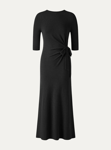 Slub Ribbed Round Neck Elbow Sleeve Tie-Waist Midi Dress