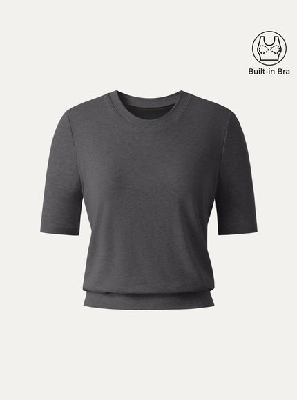 Lyocell Wool Crewneck Built-In Bra Top with Banded Hem
