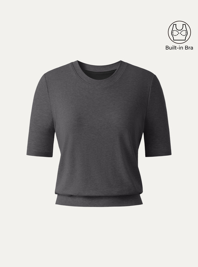 Lyocell Wool Crewneck Built-In Bra Top with Banded Hem