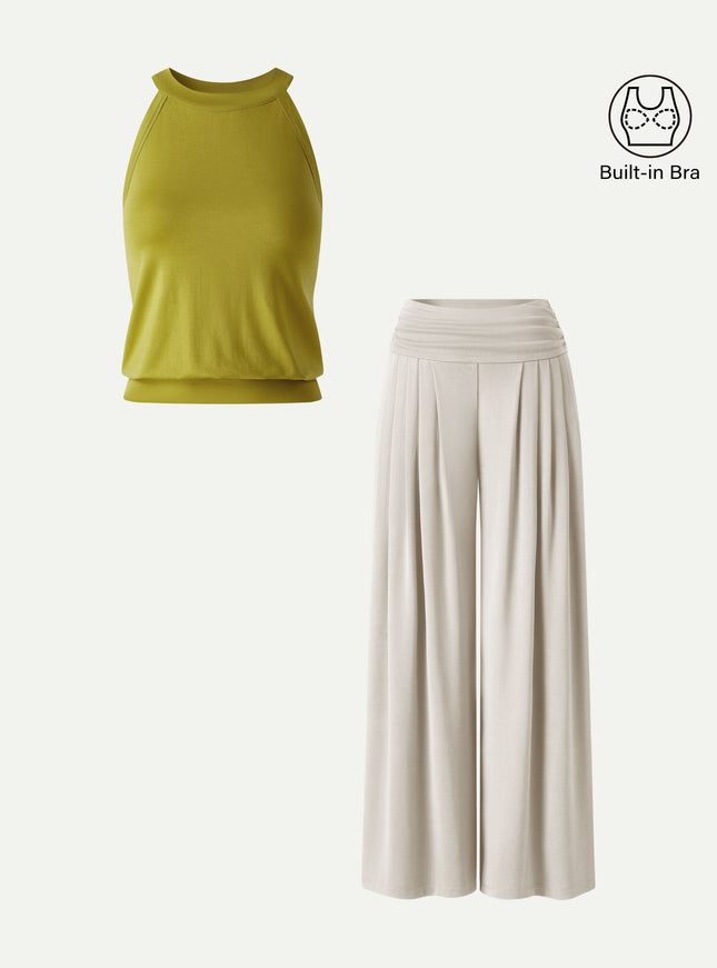 2Pcs Set Halter Neck Built-In Bra Tank & Tucked Pant with Pockets