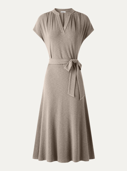 Neck Short Sleeve Belted Midi Dress