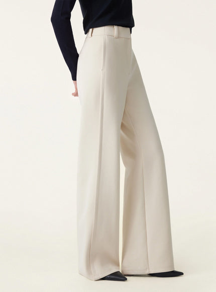 Stretchy Mid Rise Fly-Front Wide Leg Trouser