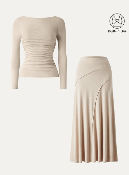 2Pcs Set Boatneck Built-In Bra Top & Drapey A-Line Maxi Skirt