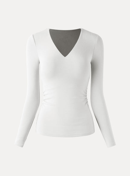 V-Neck Long Sleeve Side-Tuck Built-In Bra Top