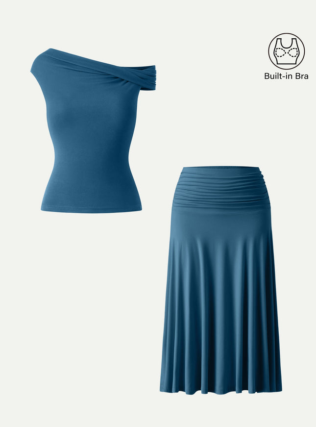 2Pcs Set Multi-wear Built-In Bra Top & Side Ruched A-line Midi Skirt