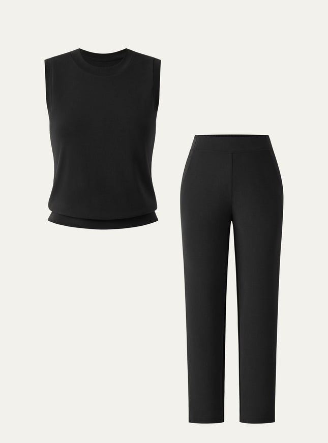 2Pcs Set Crewneck Tee & Mid Rise Tapered with Pockets