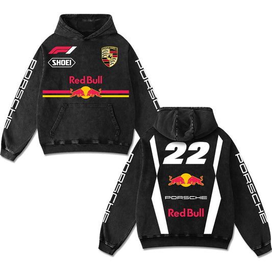 Retro Porsche Red Bull 22 Racing Hoodie Black Acid Washed, F1 Shoei Grand Prix Enthusiast, Moto – Black