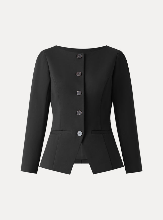 Ponte Office Round Neck Long Sleeve Jacket with Pockets