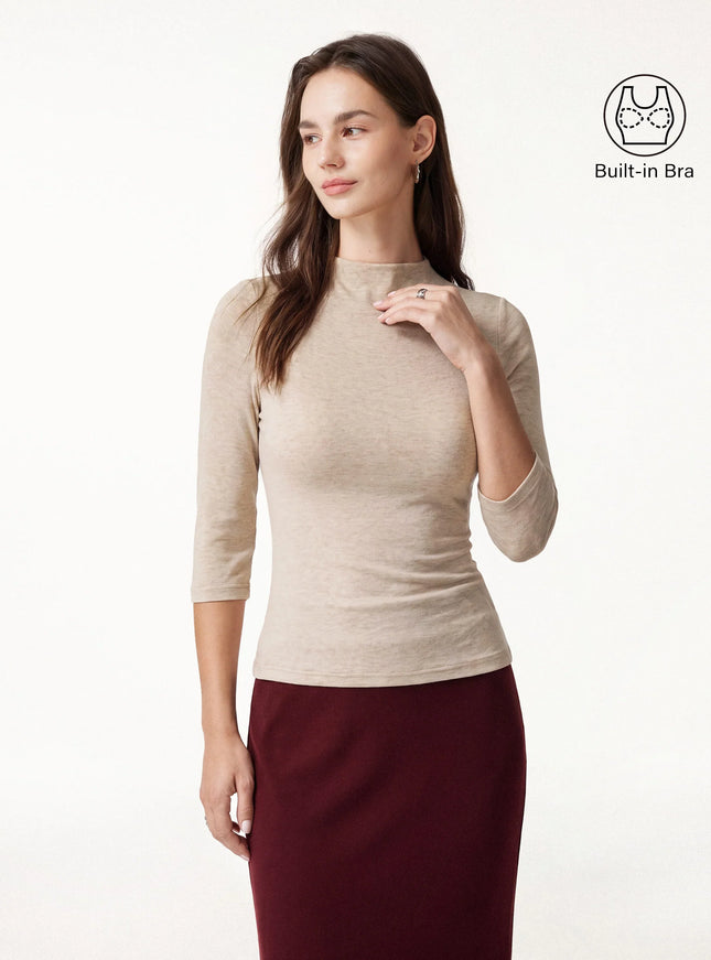 Premium Mock Neck 3/4 Sleeve Built-In Bra Top