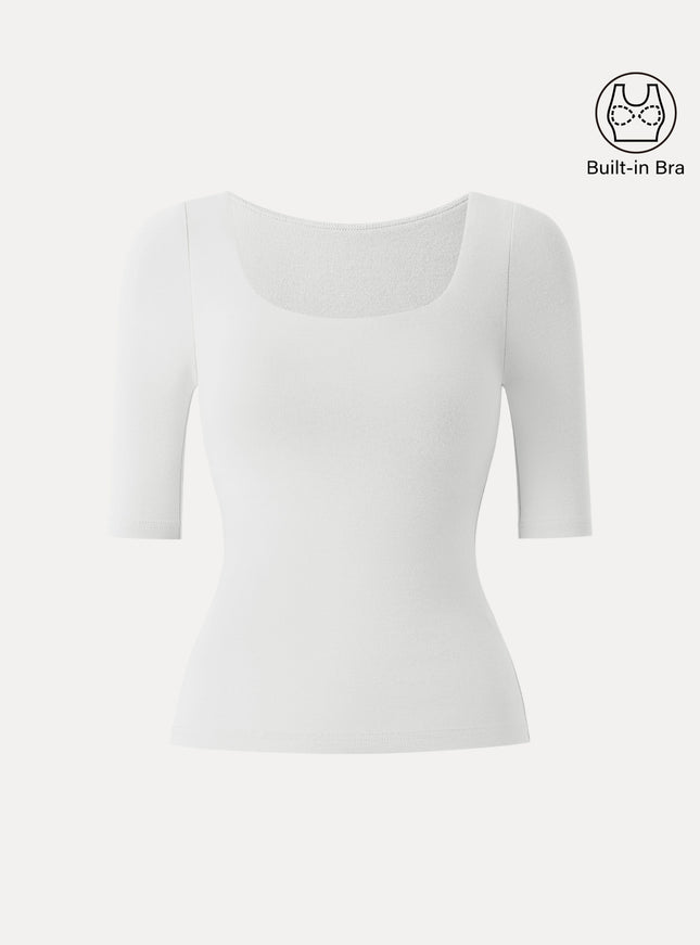 Essential Elbow Length Sleeve Square Neck Built-In Bra Tops